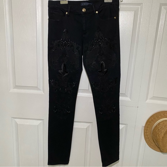 Juicy Couture Black Embroidery Beads Denim Skinny Stretch Boho Cowgirl Jeans 29 - Picture 1 of 15